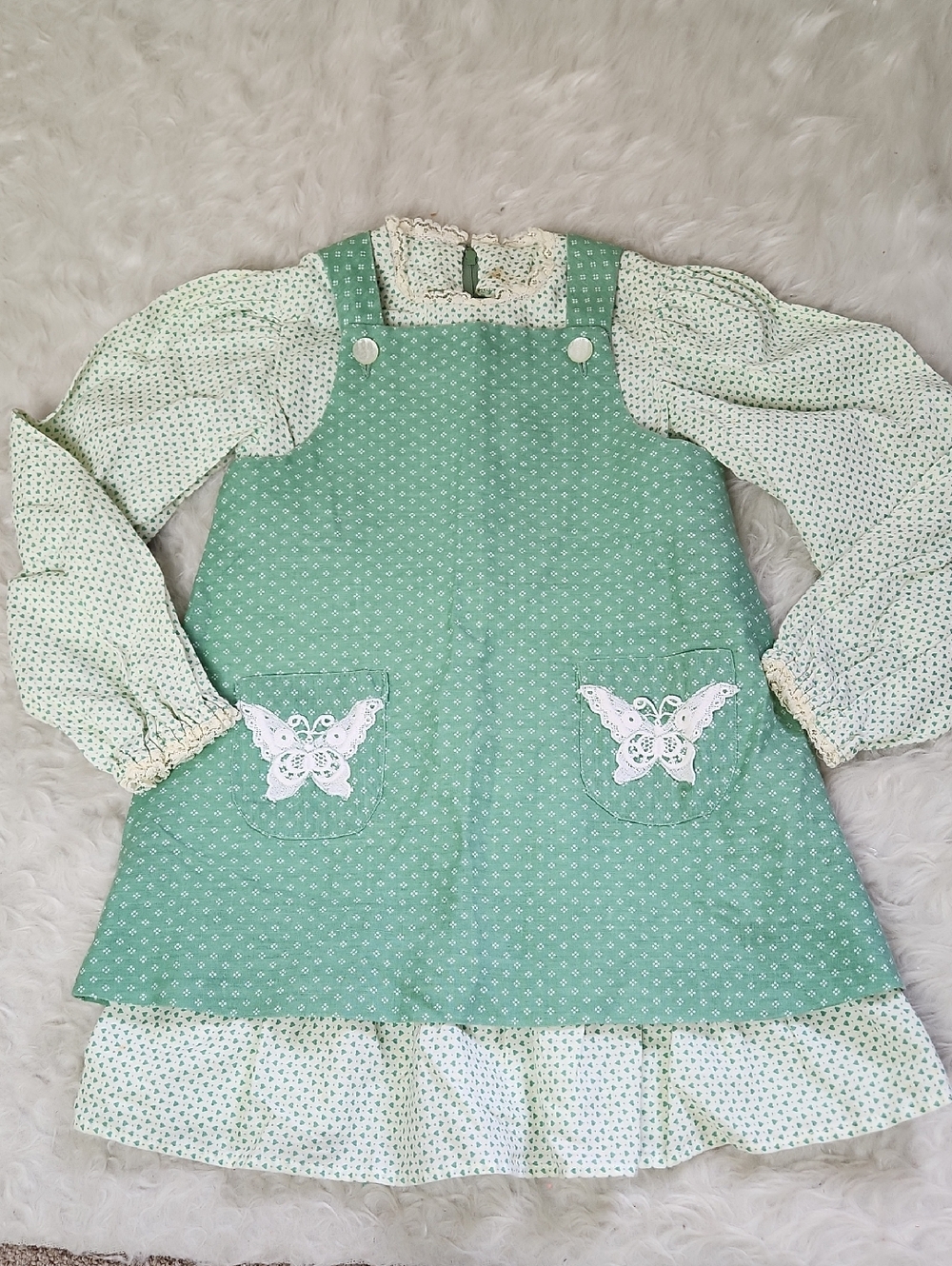 70s Vintage Prairie Dress - 3T - Cottagecore Handmade - Green White, Long Sleeve